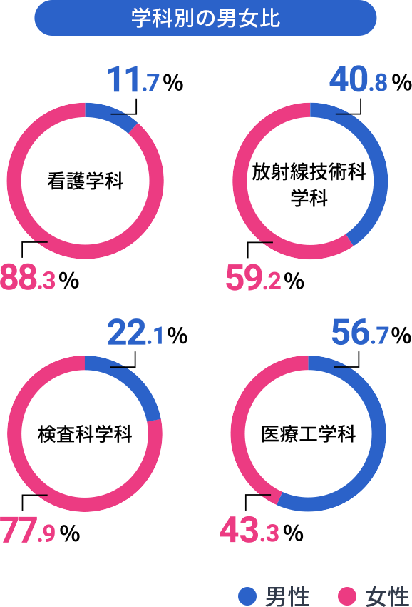 純真大生　学科別の男女比：看護学科　男性11.7% 女性88.3%、放射線技術科学科　男性40.8% 女性59.2%、検査科学科　男性22.1% 女性77.9%、医療工学科 男性56.7% 女性 43.3%